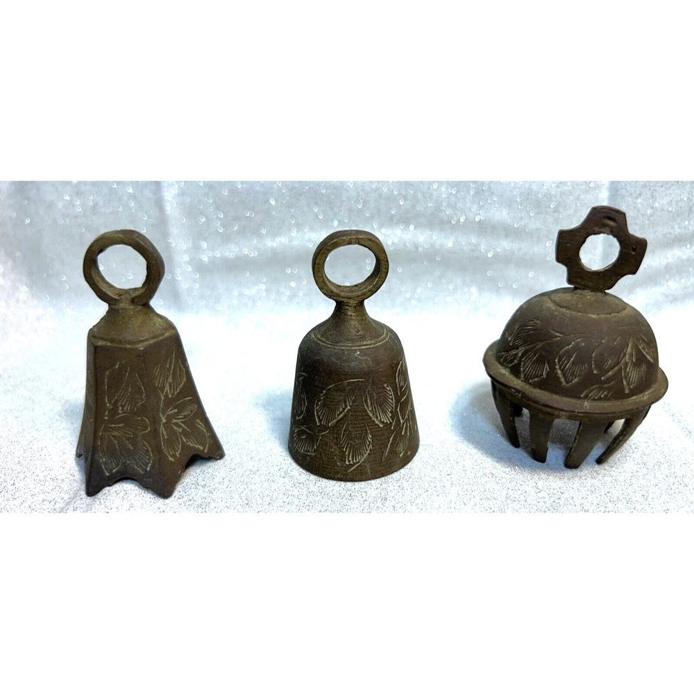 1 CLAW AND 2 BRASS HAND ETCHED BELLS FROM INDIA ALL ARE 2" (523)